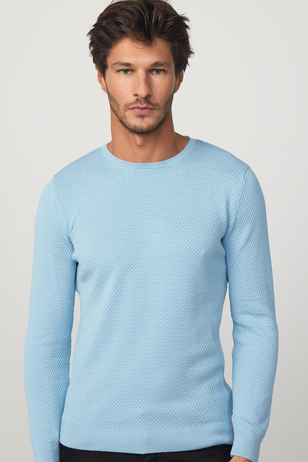 Slim Fit Crew Neck Honeycomb Patterned Blue Men's Knitwear Sweater