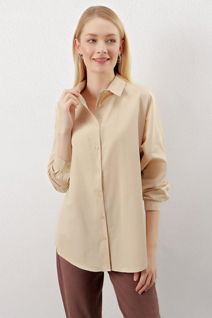 Beige Plain Plain Araboy Basic Oversize Shirt