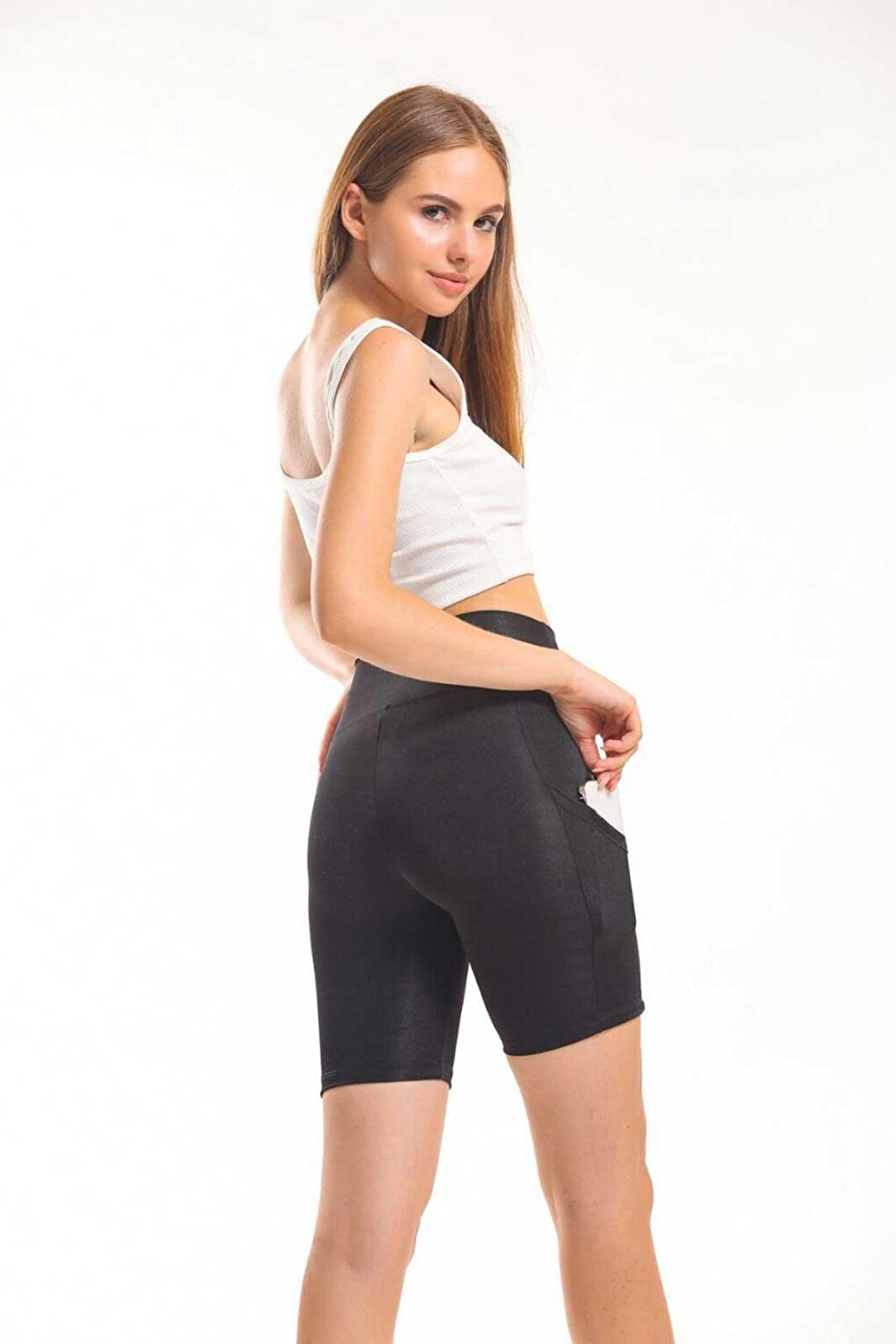 High Waist Pocketed Biker Shorts Short Sports Tights Black