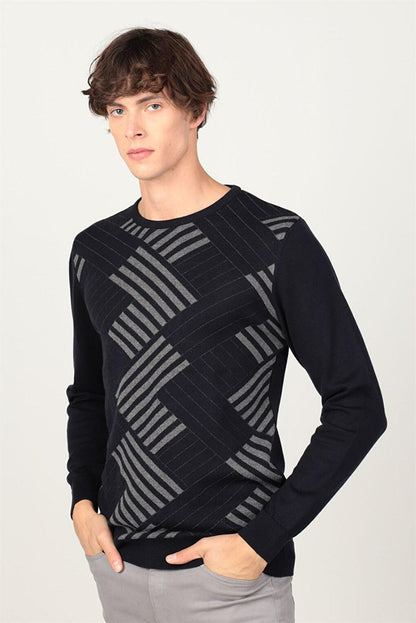 Slim Fit Crew Neck Patterned Men's Sweater