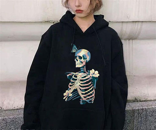 Skull &amp; Butterfly Black Unisex Hooded Oversize Sweatshirt Hoodie