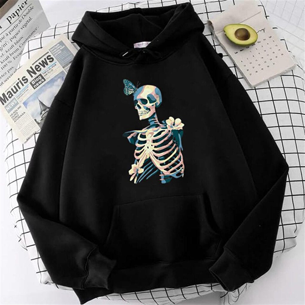 Skull &amp; Butterfly Black Unisex Hooded Oversize Sweatshirt Hoodie