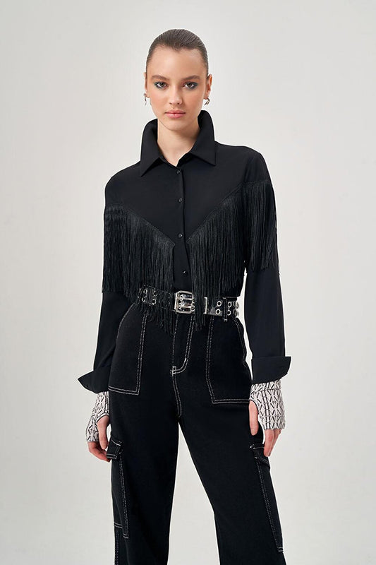 Tassel Detailed Black Shirt