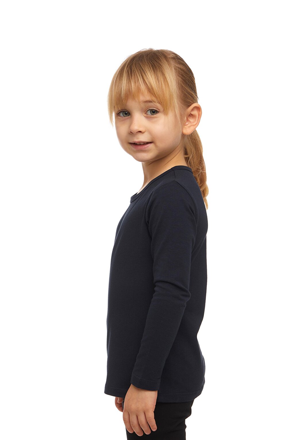 Dark Navy Blue Girl's Plain Basic Lycra Long Sleeve T-Shirt