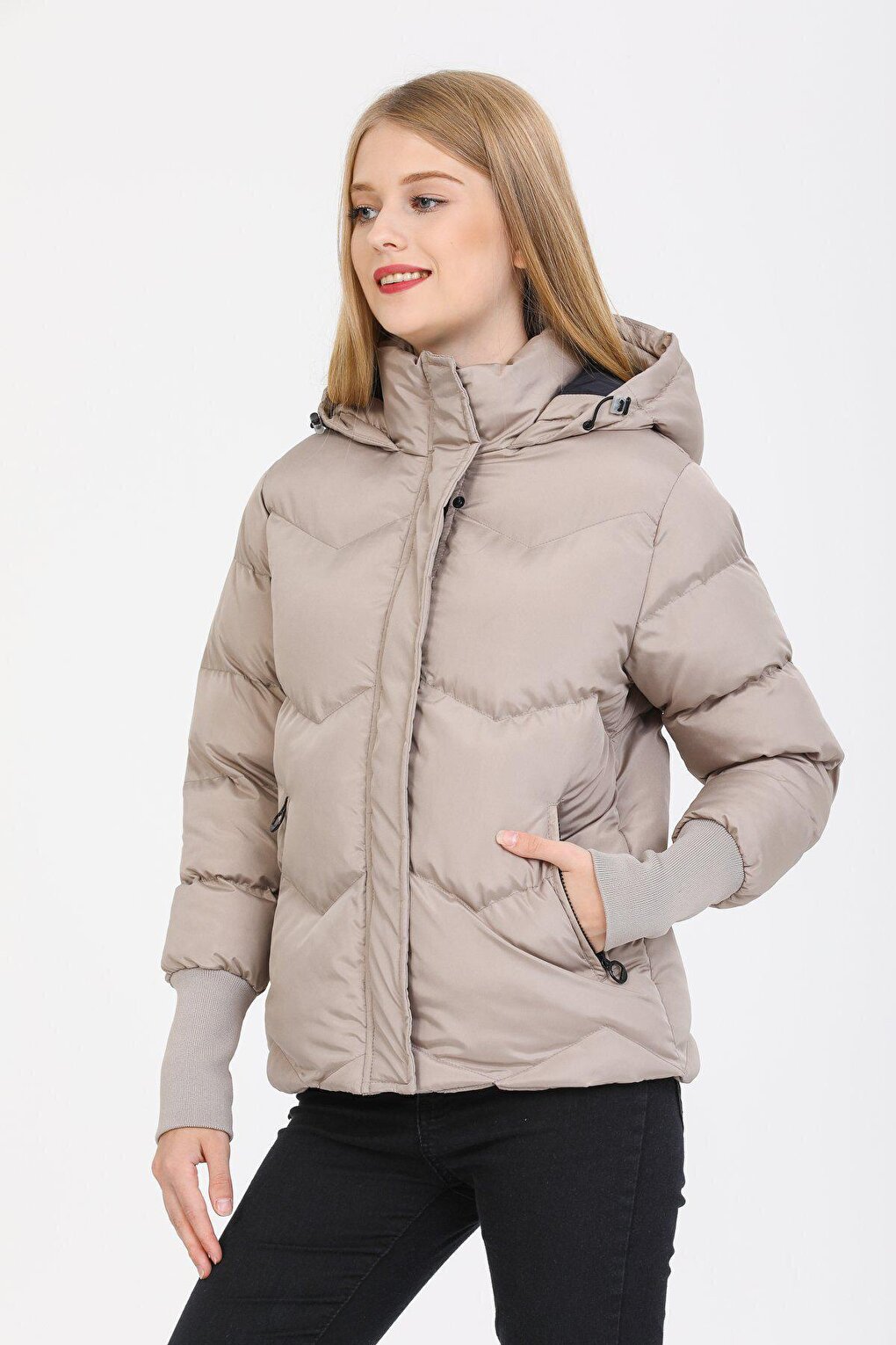 Hooded Long Rib Detailed Puffer Coat AD-K50423LNW