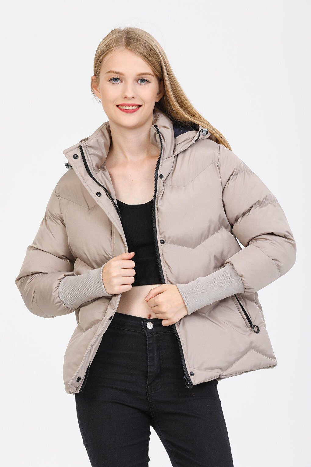 Hooded Long Rib Detailed Puffer Coat AD-K50423LNW