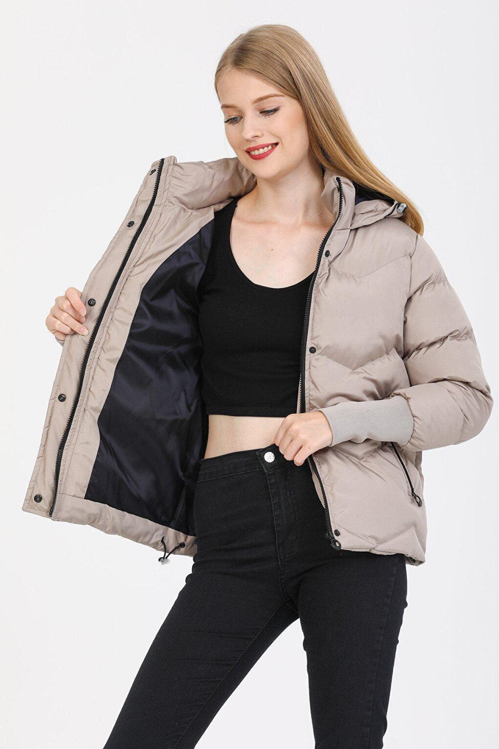 Hooded Long Rib Detailed Puffer Coat AD-K50423LNW