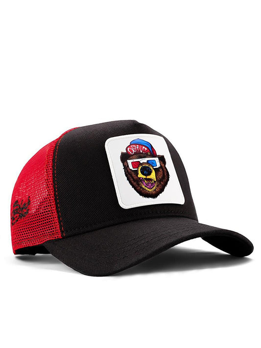 V1 Trucker Bear - Unisex Black-Red Hat (Cap) with 2 Code Logo