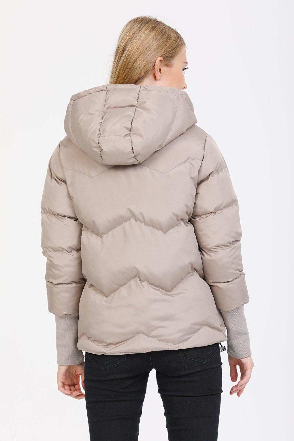 Hooded Long Rib Detailed Puffer Coat AD-K50423LNW