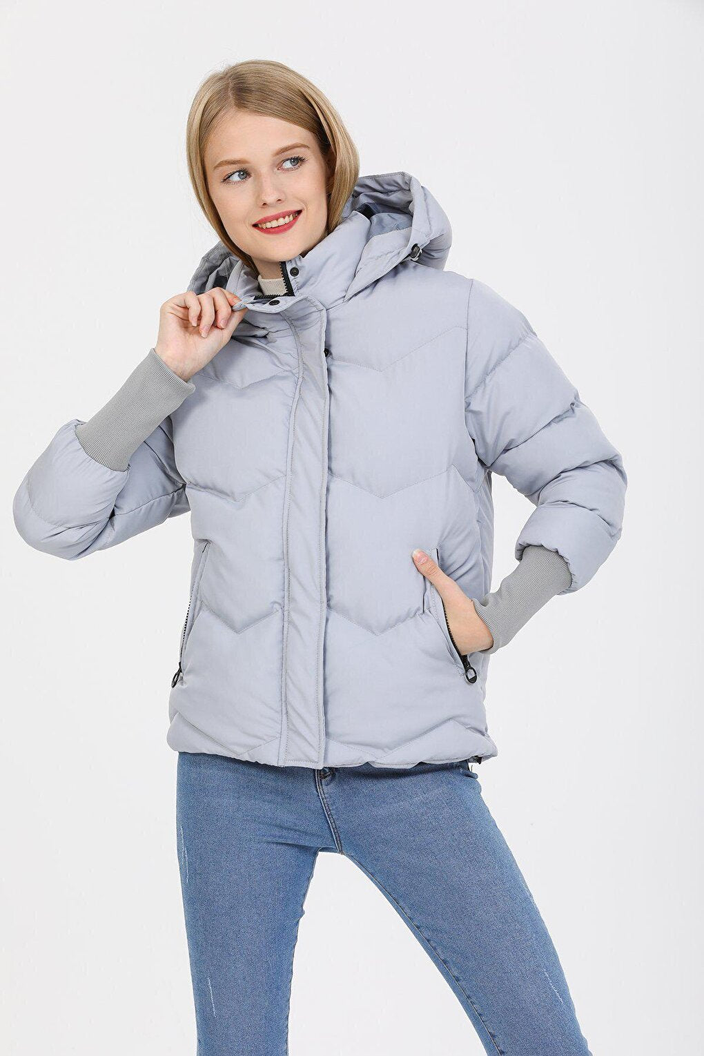 Hooded Long Rib Detailed Puffer Coat AD-K50423LNW