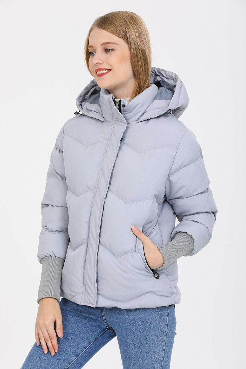 Hooded Long Rib Detailed Puffer Coat AD-K50423LNW