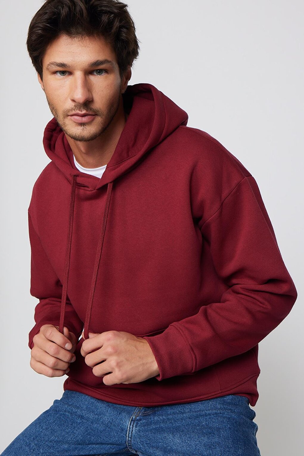 Oversize Cotton Hooded Basic Unisex Claret Red Sweatshirt