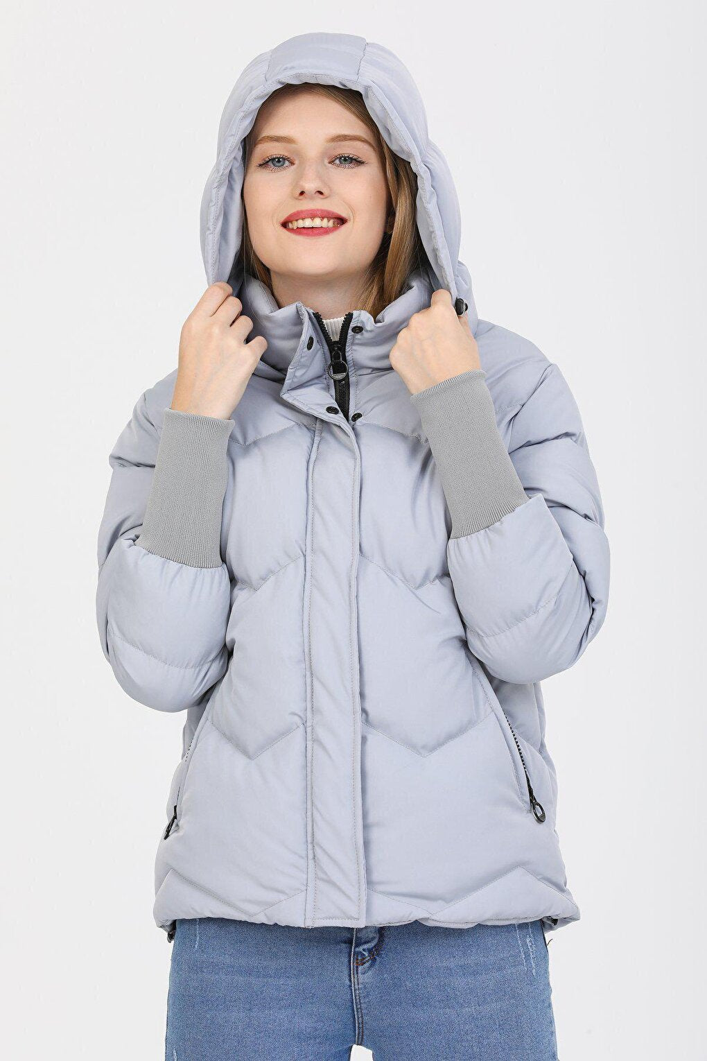 Hooded Long Rib Detailed Puffer Coat AD-K50423LNW