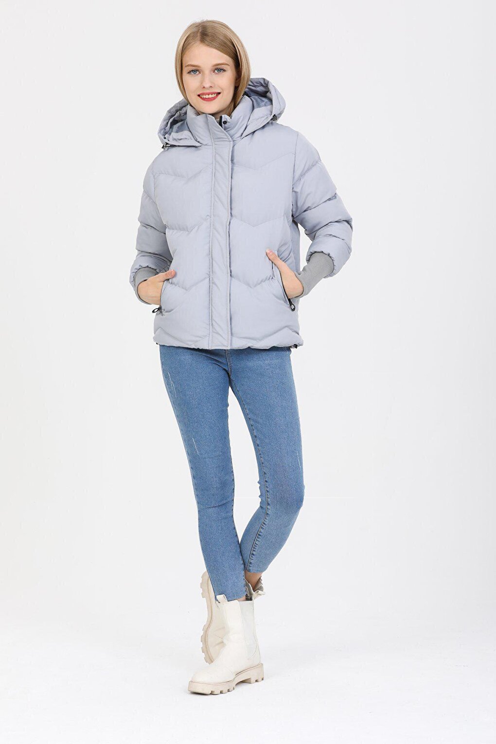 Hooded Long Rib Detailed Puffer Coat AD-K50423LNW