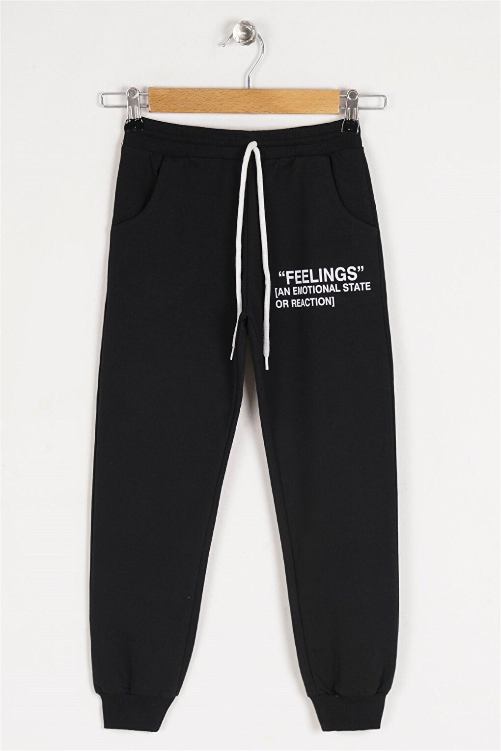 Girl's Black Colored Feelings Printed Elastic Leg Sweatpants