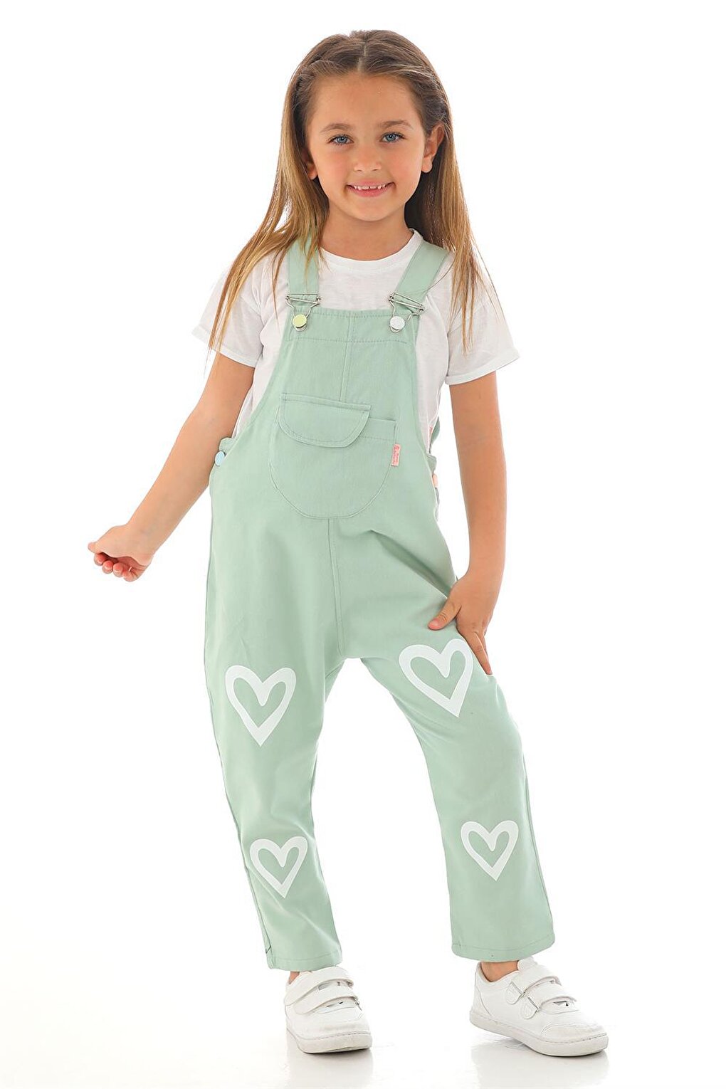 Girl's Çağla Green Colored Heart Printed Kangaroo Pocket Salopet