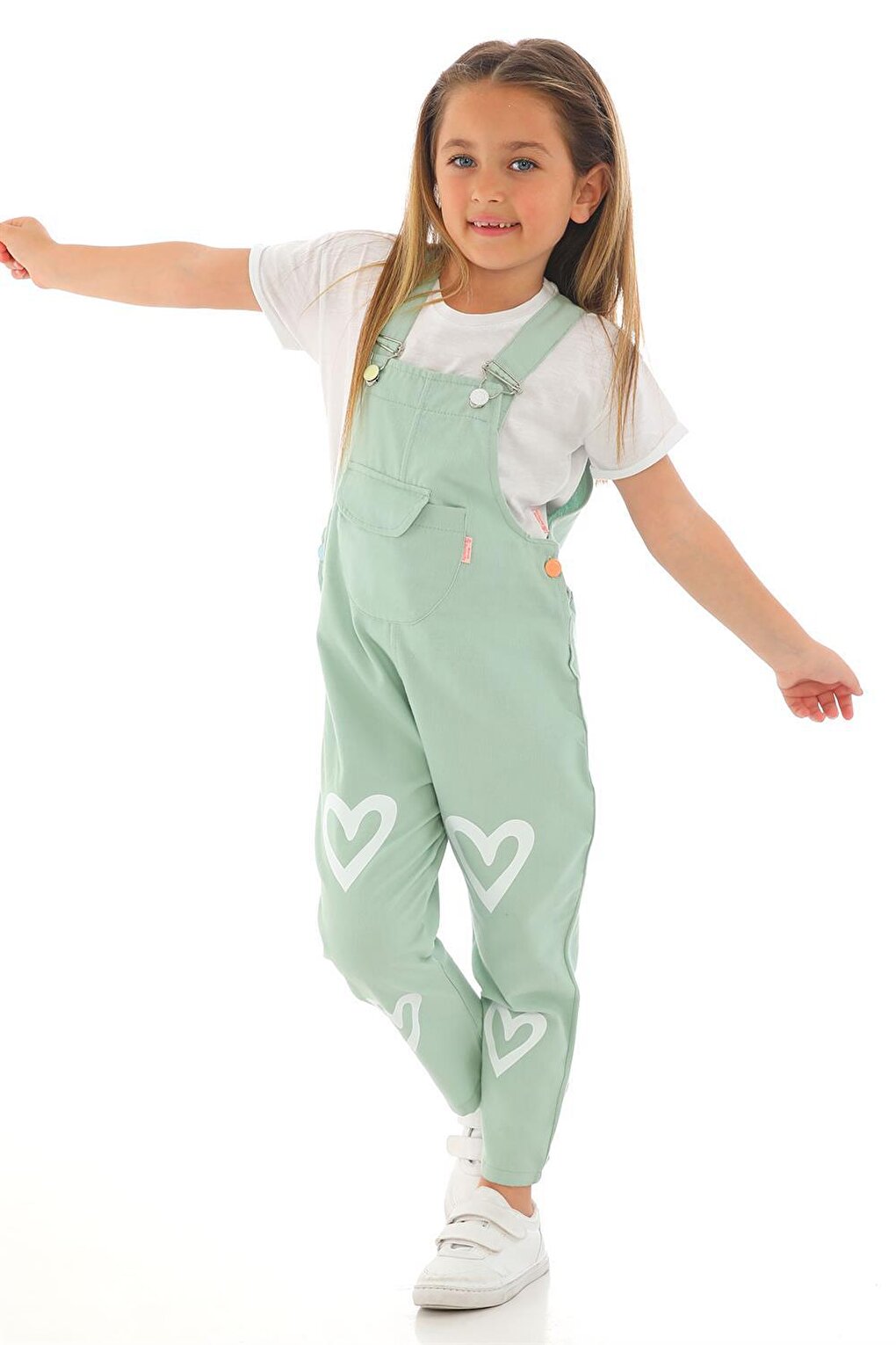 Girl's Çağla Green Colored Heart Printed Kangaroo Pocket Salopet