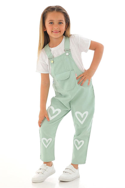 Girl's Çağla Green Colored Heart Printed Kangaroo Pocket Salopet