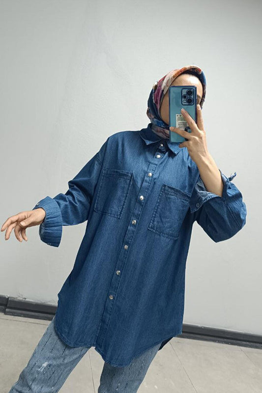 Women's Blue Double Pocket Snap Button Oversize Denim Shirt