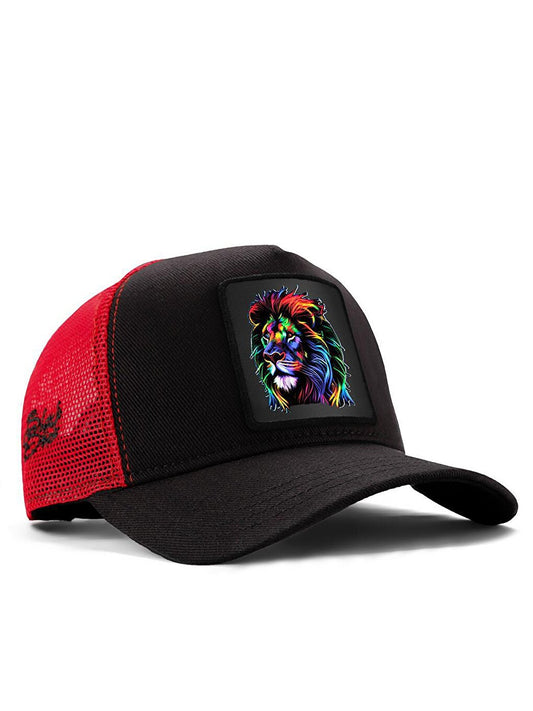 V1 Trucker Lion - Unisex Black-Red Hat (Cap) with 7 Code Logo