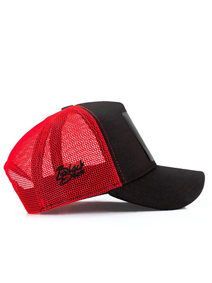 V1 Trucker Lion - Unisex Black-Red Hat (Cap) with 7 Code Logo