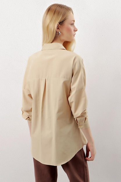 Beige Plain Plain Araboy Basic Oversize Shirt