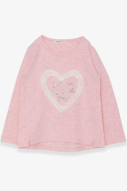 Girl's Long Sleeve T-Shirt Glitter Heart Printed Salmon Melange (Age 5-10)