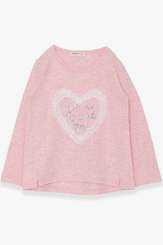 Girl's Long Sleeve T-Shirt Glitter Heart Printed Salmon Melange (Age 5-10)