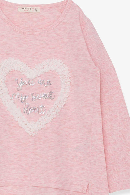 Girl's Long Sleeve T-Shirt Glitter Heart Printed Salmon Melange (Age 5-10)