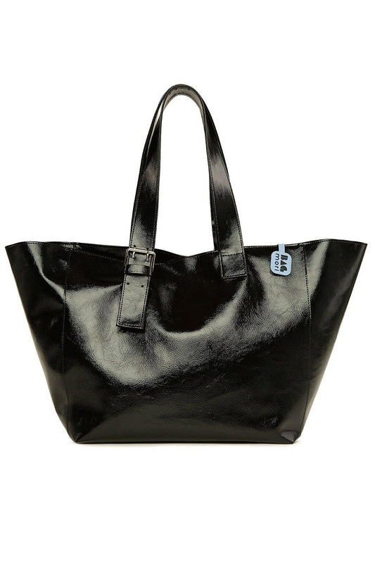 Shiny Textured Tote Bag with Belt Detail