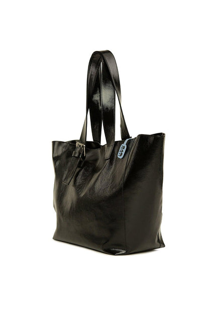 Shiny Textured Tote Bag with Belt Detail