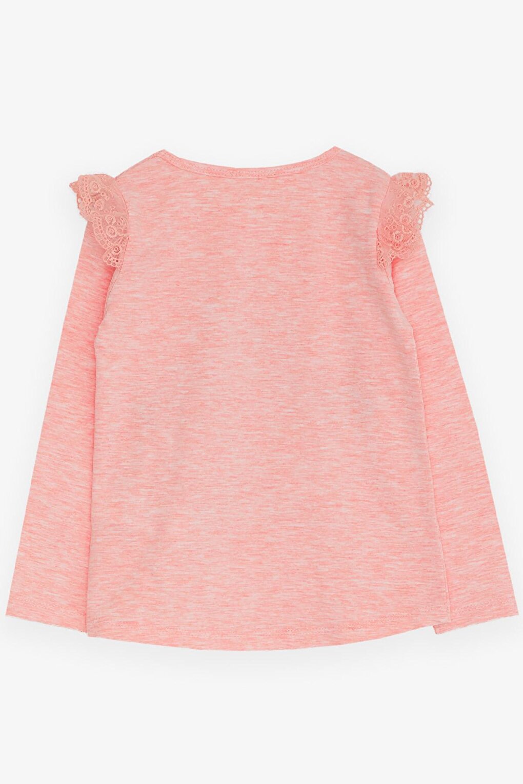 Girl's Long Sleeve T-Shirt with Guipure Shoulders, Salmon Melange (Ages 4-9)