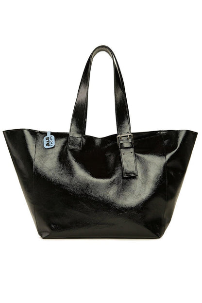 Shiny Textured Tote Bag with Belt Detail