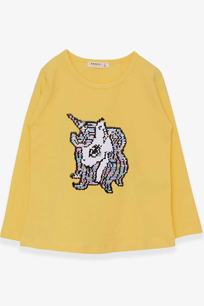 Girl's Long Sleeve T-Shirt Sequin Unicorn Yellow (4-8 Years)