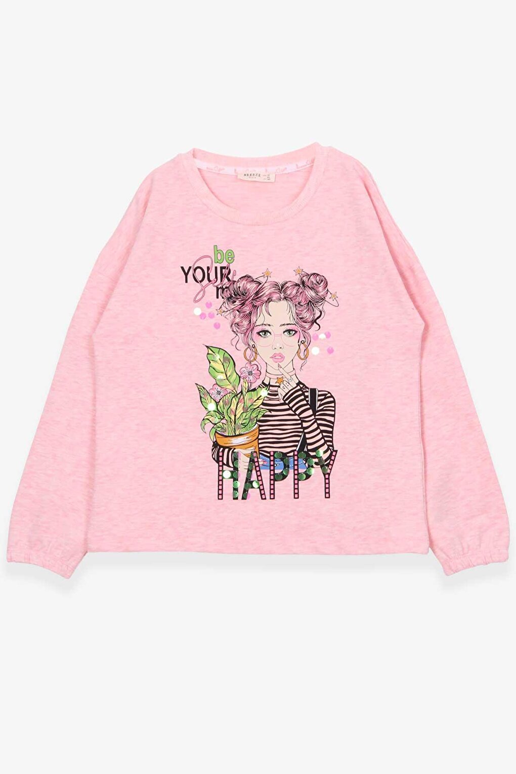 Girl's Long Sleeve T-Shirt Portrait Girl Printed Salmon Melange (Age 10-14)