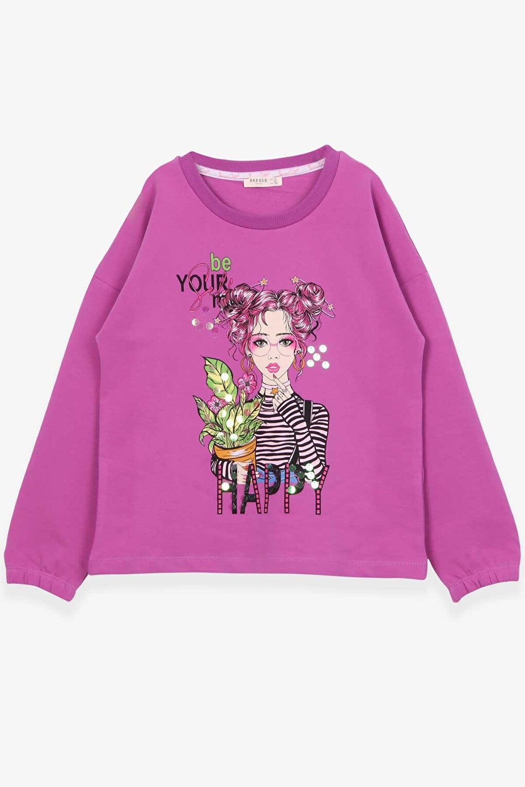 Girl's Long Sleeve T-Shirt Portrait Girl Printed Purple (Age 10-14)