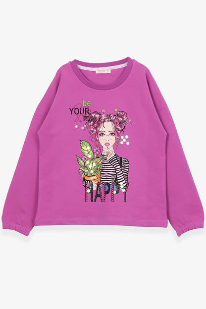 Girl's Long Sleeve T-Shirt Portrait Girl Printed Purple (Age 10-14)