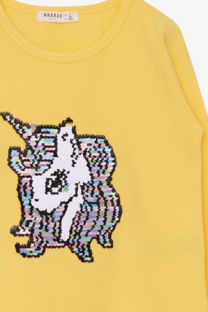 Girl's Long Sleeve T-Shirt Sequin Unicorn Yellow (4-8 Years)