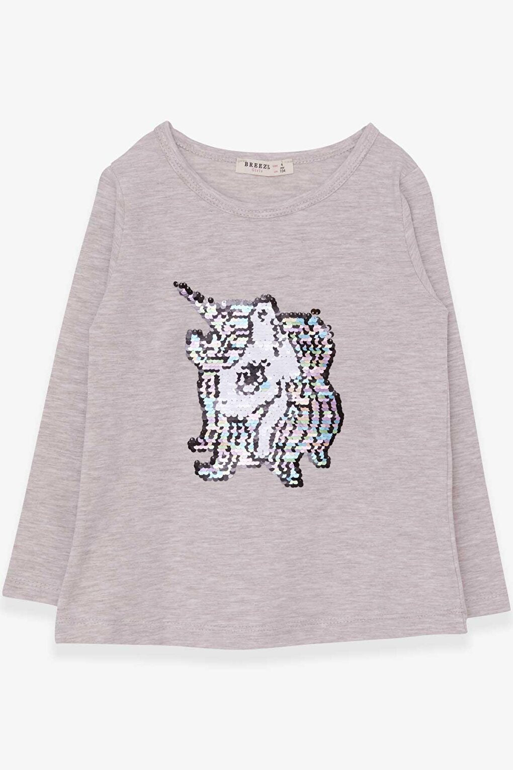 Girl's Long Sleeve T-Shirt Sequin Unicorn Beige Melange (4-8 Years)