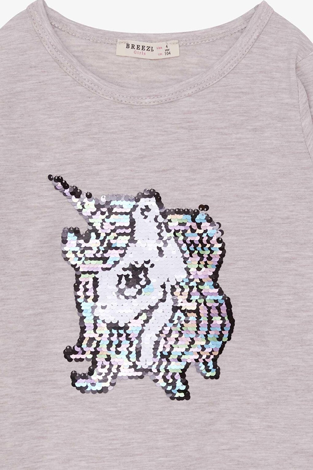 Girl's Long Sleeve T-Shirt Sequin Unicorn Beige Melange (4-8 Years)