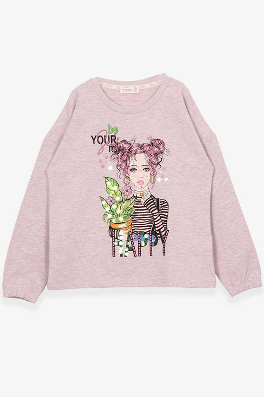 Girl's Long Sleeve T-Shirt Portrait Girl Printed Beige Melange (Age 10-14)