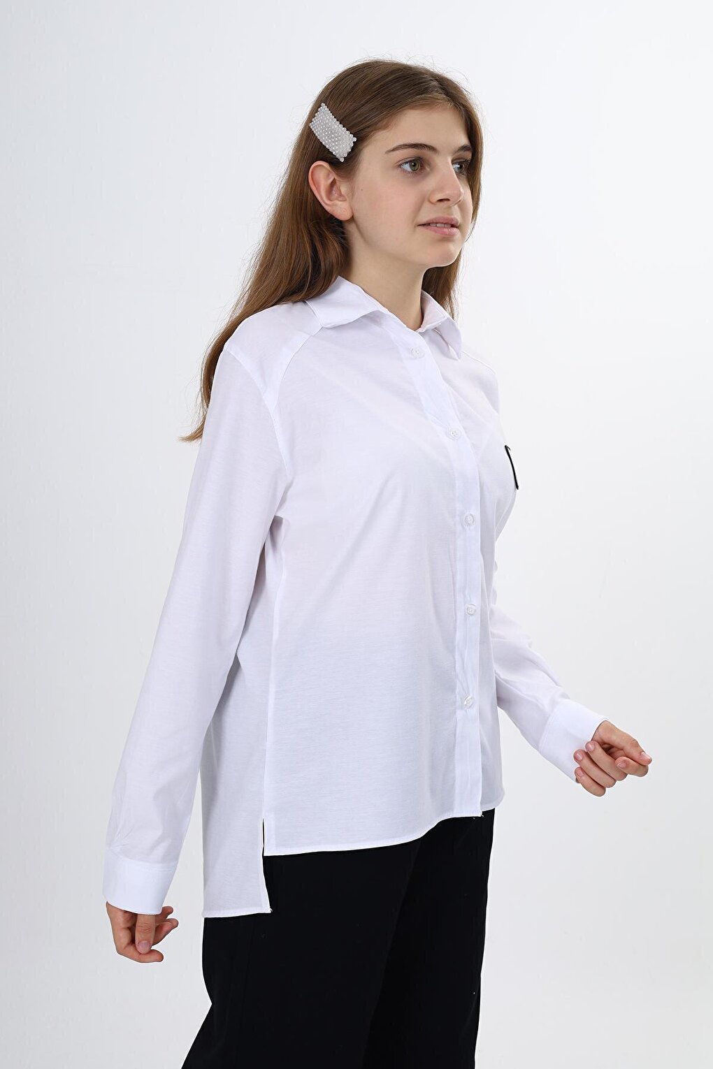 Girl's Comfortable Cut Embroidered and Paneled Shirt 9-14 Years Lx244