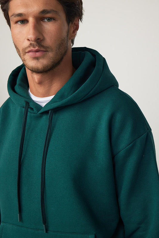 Oversize Cotton Hooded Basic Green Unisex Hoodie