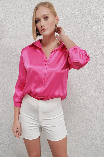 Women's Vivid Pink Lightly Draped Satin Surface Shirt Hzl22w-bd139641