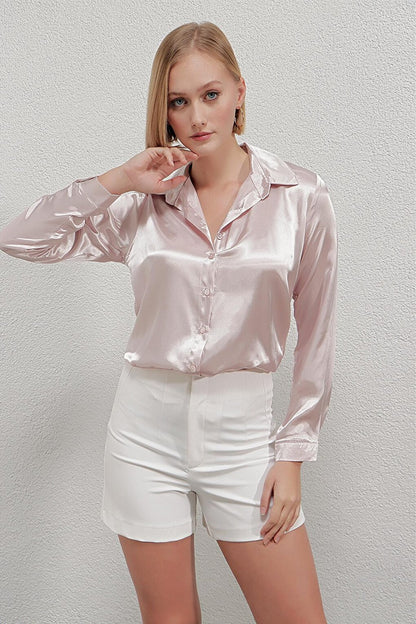 Women's Cream Lightly Draped Satin Surface Shirt Hzl22w-bd139641