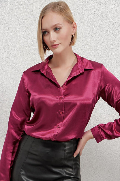 Women's Burgundy Lightly Draped Satin Finished Shirt Hzl22w-bd139641