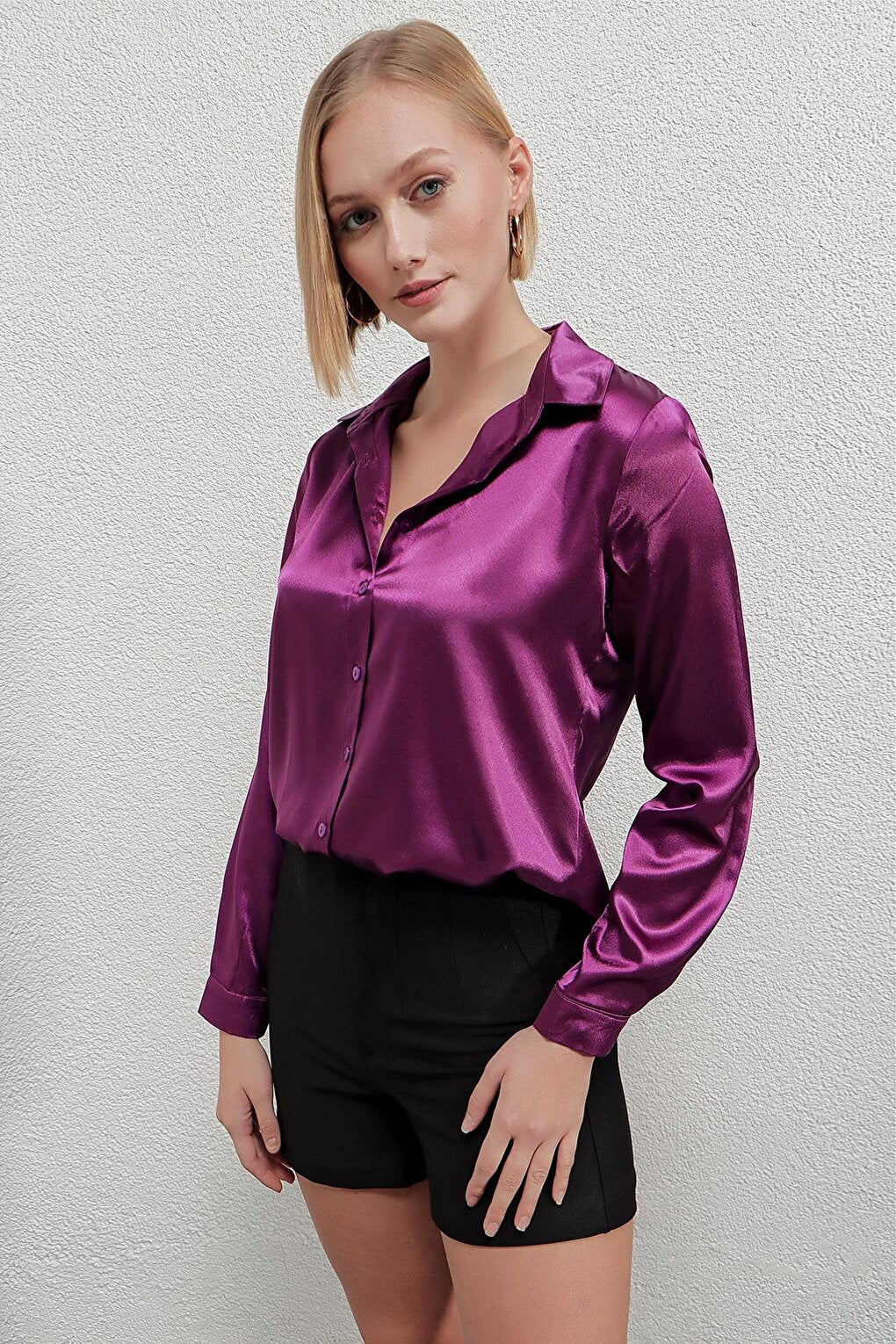 Women's Purple Lightly Draped Satin Surface Shirt Hzl22w-bd139641