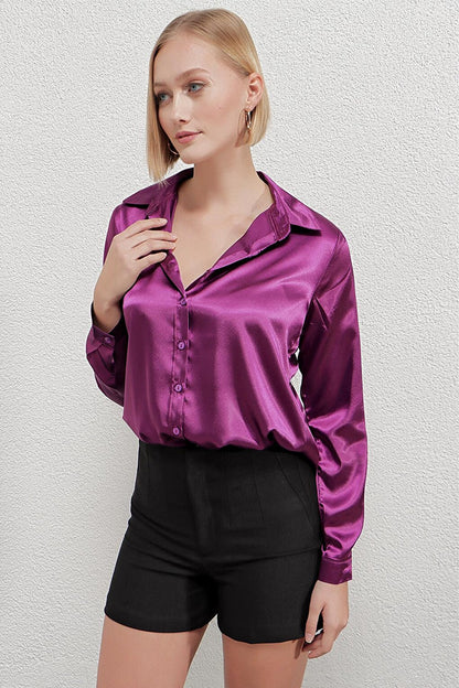 Women's Purple Lightly Draped Satin Surface Shirt Hzl22w-bd139641