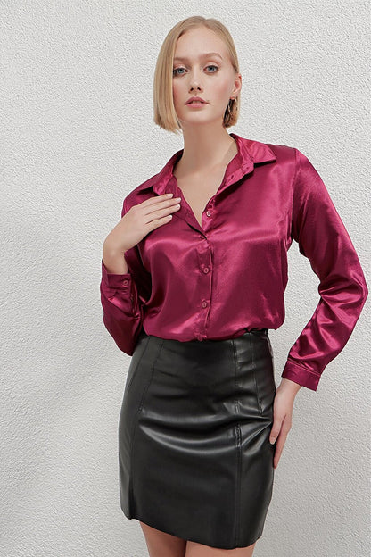 Women's Burgundy Lightly Draped Satin Finished Shirt Hzl22w-bd139641