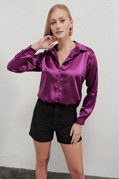 Women's Purple Lightly Draped Satin Surface Shirt Hzl22w-bd139641